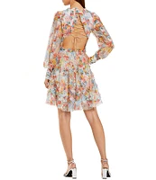 Mac Duggal Ruffle Neck Long Illusion Sleeves Floral Mesh Sheath Dress