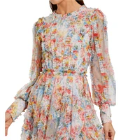 Mac Duggal Ruffle Neck Long Illusion Sleeves Floral Mesh Sheath Dress