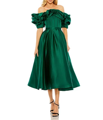 Mac Duggal Ruffle Off The Shoulder Short Sleeve Gathered Cocktail Dress