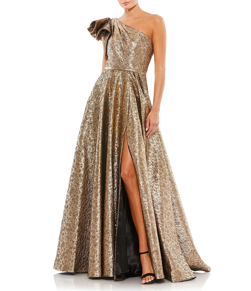 Mac Duggal Ruffle One Shoulder Metallic Ballgown