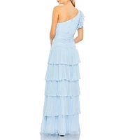 Mac Duggal Ruffle One Shoulder Ruched Waist Sleeveless Tiered Gown