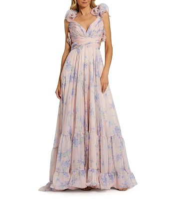Mac Duggal Ruffle Shoulder Lace Up Back Sweetheart Neckline Shirred Bodice Tiered Floral Chiffon A-Line Gown