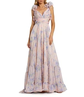 Mac Duggal Ruffle Shoulder Lace Up Back Sweetheart Neckline Shirred Bodice Tiered Floral Chiffon A-Line Gown