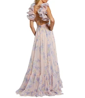 Mac Duggal Ruffle Shoulder Lace Up Back Sweetheart Neckline Shirred Bodice Tiered Floral Chiffon A-Line Gown