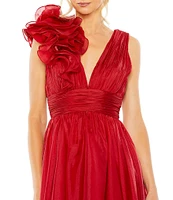 Mac Duggal Ruffle Shoulder Sleeveless V-Neck Open Back Detail Fit and Flare Dress