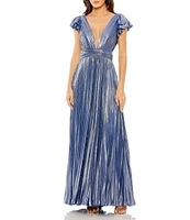 Mac Duggal Ruffle Sleeve Lace Back Pleated Metallic Aline Gown