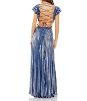 Mac Duggal Ruffle Sleeve Lace Back Pleated Metallic Aline Gown