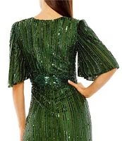 Mac Duggal Ruffle Sleeve V-Neck Sequin Gown