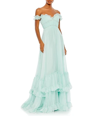 Mac Duggal Ruffle Sweetheart Off-The-Shoulder Chiffon Baby Doll Gown