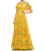 Mac Duggal Ruffle Trim A-Line Floral Print Chiffon Gown