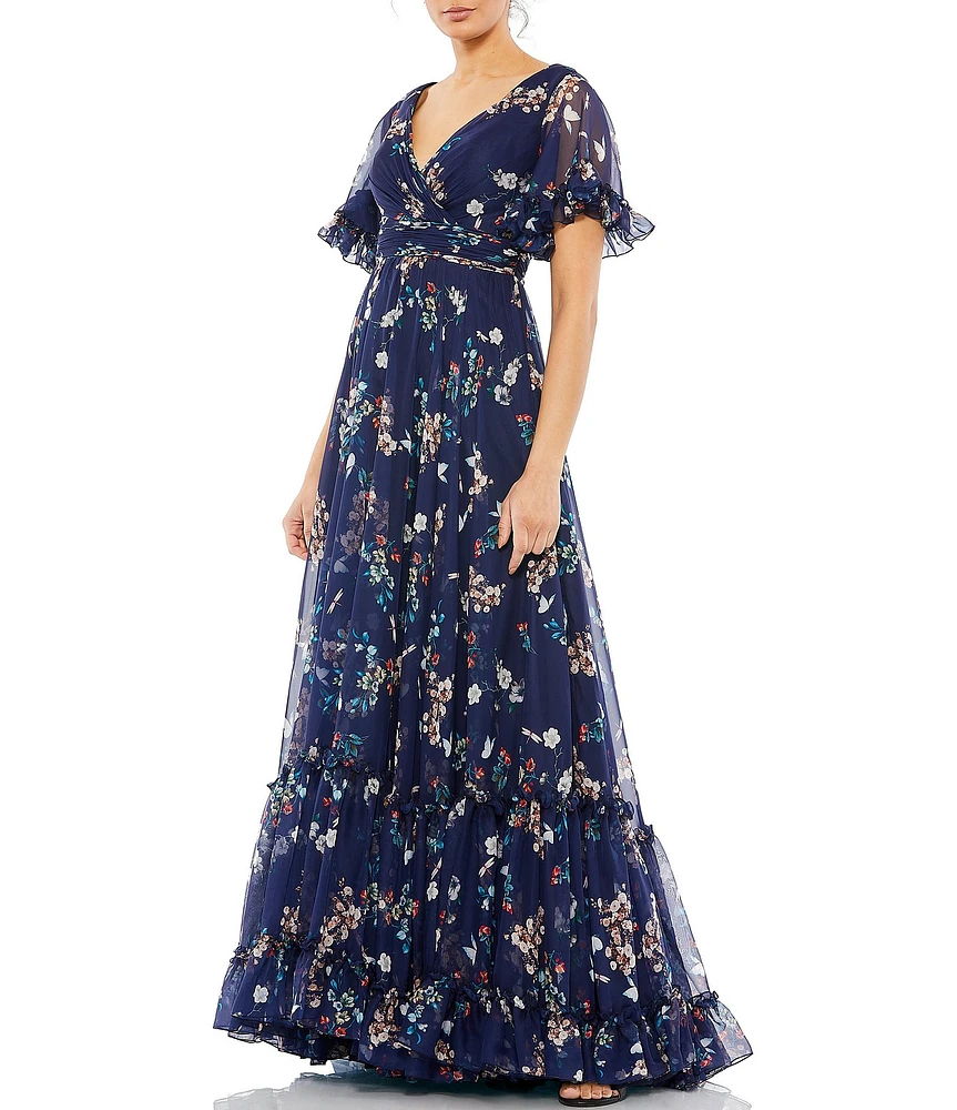 Mac Duggal Ruffle Trim A-Line Floral Print Chiffon Gown