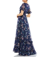 Mac Duggal Ruffle Trim A-Line Floral Print Chiffon Gown