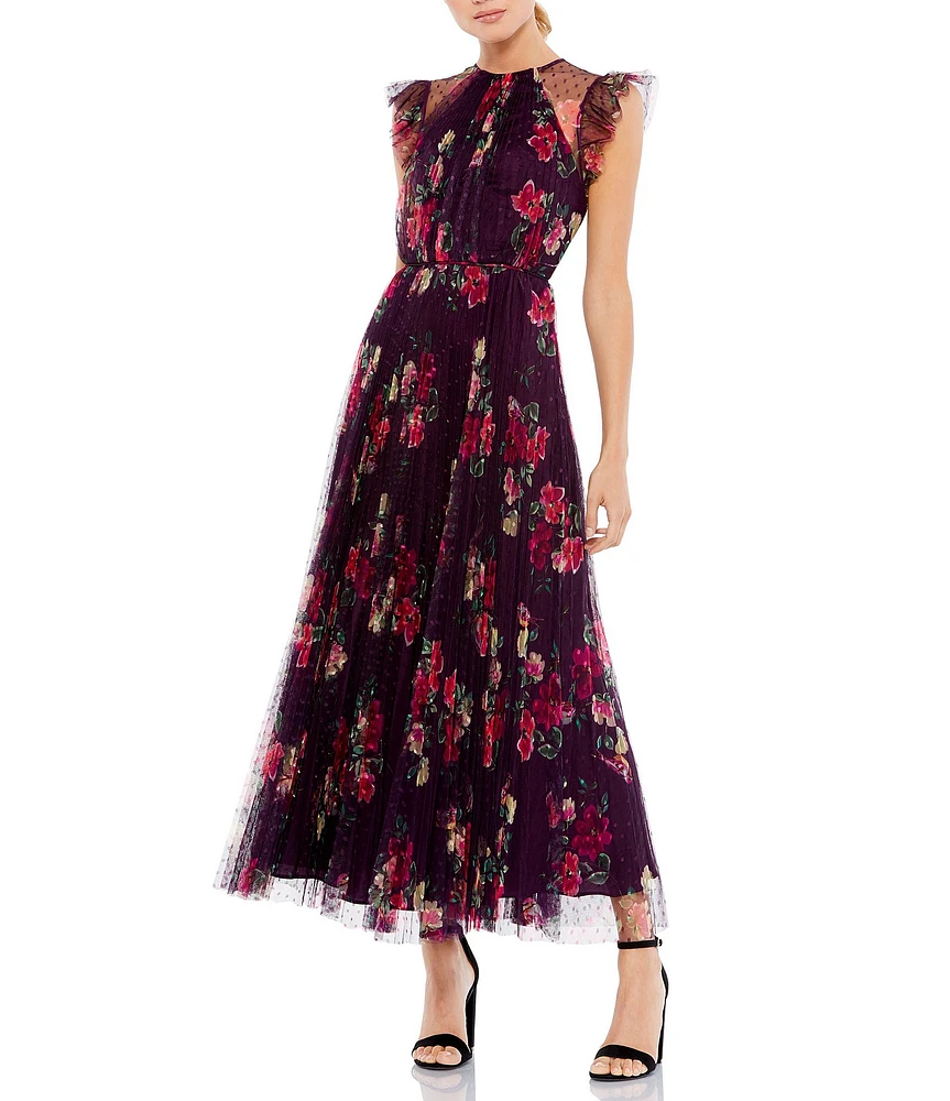 Mac Duggal Ruffle Trim Swiss Dot Lace Floral Print Midi Dress