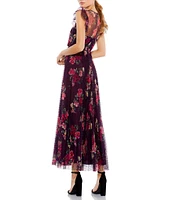 Mac Duggal Ruffle Trim Swiss Dot Lace Floral Print Midi Dress