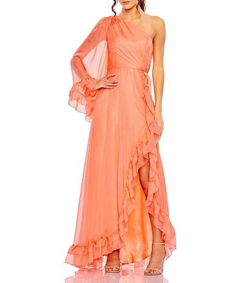Mac Duggal Ruffled Asymmetrical Neck One Long Sleeve A-Line Gown