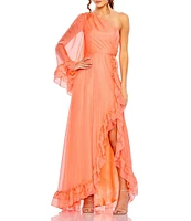 Mac Duggal Ruffled Asymmetrical Neck One Long Sleeve A-Line Gown