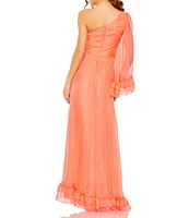Mac Duggal Ruffled Asymmetrical Neck One Long Sleeve A-Line Gown