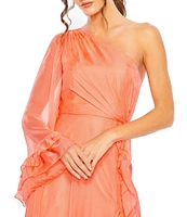Mac Duggal Ruffled Asymmetrical Neck One Long Sleeve A-Line Gown