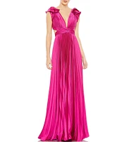 Mac Duggal Ruffled Cap Sleeve Cut Out Pleated Deep V-Neck Strappy Back Detail Satin A-Line Gown