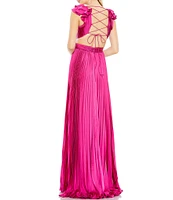 Mac Duggal Ruffled Cap Sleeve Cut Out Pleated Deep V-Neck Strappy Back Detail Satin A-Line Gown