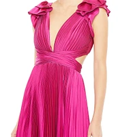 Mac Duggal Ruffled Cap Sleeve Cut Out Pleated Deep V-Neck Strappy Back Detail Satin A-Line Gown