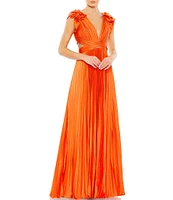 Mac Duggal Ruffled Cap Sleeve Cut Out Pleated Deep V-Neck Strappy Back Detail Satin A-Line Gown