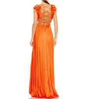 Mac Duggal Ruffled Cap Sleeve Cut Out Pleated Deep V-Neck Strappy Back Detail Satin A-Line Gown