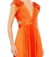 Mac Duggal Ruffled Cap Sleeve Cut Out Pleated Deep V-Neck Strappy Back Detail Satin A-Line Gown