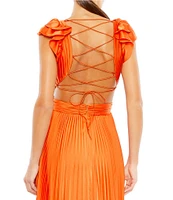 Mac Duggal Ruffled Cap Sleeve Cut Out Pleated Deep V-Neck Strappy Back Detail Satin A-Line Gown