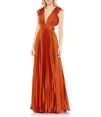 Mac Duggal Ruffled Cap Sleeve Cut Out Pleated Deep V-Neck Strappy Back Detail Satin A-Line Gown