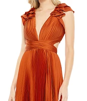 Mac Duggal Ruffled Cap Sleeve Cut Out Pleated Deep V-Neck Strappy Back Detail Satin A-Line Gown