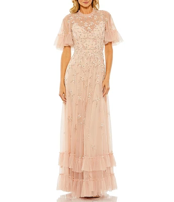 Mac Duggal Ruffled Floral Beaded Illusion Mock Neck Short Flutter Sleeve Gown