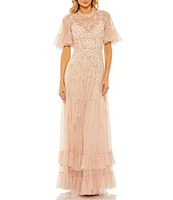 Mac Duggal Ruffled Floral Beaded Illusion Mock Neck Short Flutter Sleeve Gown