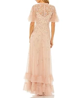 Mac Duggal Ruffled Floral Beaded Illusion Mock Neck Short Flutter Sleeve Gown