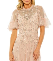 Mac Duggal Ruffled Floral Beaded Illusion Mock Neck Short Flutter Sleeve Gown