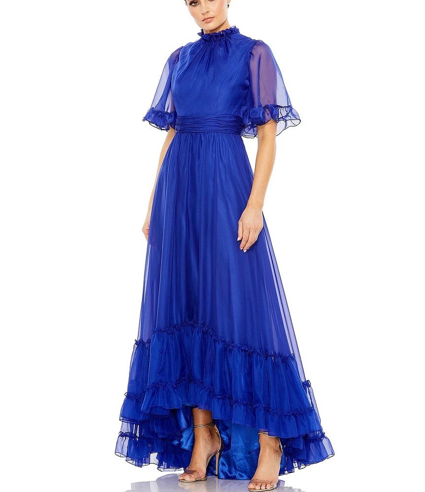 Mac Duggal Ruffled Mock Neck Short Flutter Sleeve High-Low Hem Gown