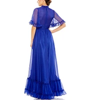 Mac Duggal Ruffled Mock Neck Short Flutter Sleeve High-Low Hem Gown