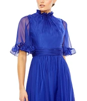 Mac Duggal Ruffled Mock Neck Short Flutter Sleeve High-Low Hem Gown