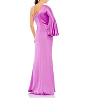 Mac Duggal Satin Asymmetrical Neck Long Sleeve Sheath Gown