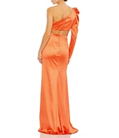 Mac Duggal Satin Asymmetrical One Shoulder Long Puff Sleeve Cut Out Thigh High Slit Gown