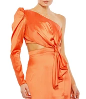 Mac Duggal Satin Asymmetrical One Shoulder Long Puff Sleeve Cut Out Thigh High Slit Gown