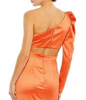 Mac Duggal Satin Asymmetrical One Shoulder Long Puff Sleeve Cut Out Thigh High Slit Gown