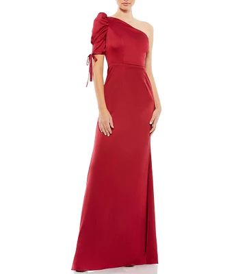 Mac Duggal Satin Asymmetrical One Shoulder Tie Short Puff Sleeve Sheath Gown