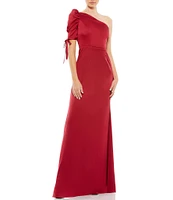 Mac Duggal Satin Asymmetrical One Shoulder Tie Short Puff Sleeve Sheath Gown