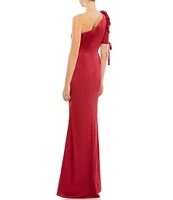 Mac Duggal Satin Asymmetrical One Shoulder Tie Short Puff Sleeve Sheath Gown