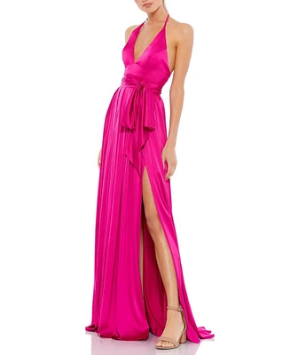 Mac Duggal Satin Charmeuse Halter Neck Open Back A-Line Gown
