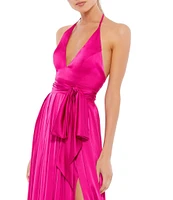 Mac Duggal Satin Charmeuse Halter Neck Open Back A-Line Gown