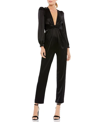 Mac Duggal Satin Charmeuse Plunge V-Neck Puff Sleeve Straight Leg Jumpsuit