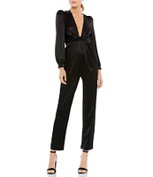 Mac Duggal Satin Charmeuse Plunge V-Neck Puff Sleeve Straight Leg Jumpsuit