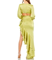 Mac Duggal Satin Deep V-Neck Long Balloon Sleeve Cut-Out Side Tiered Ruffle Asymmetrical Hemline Gown